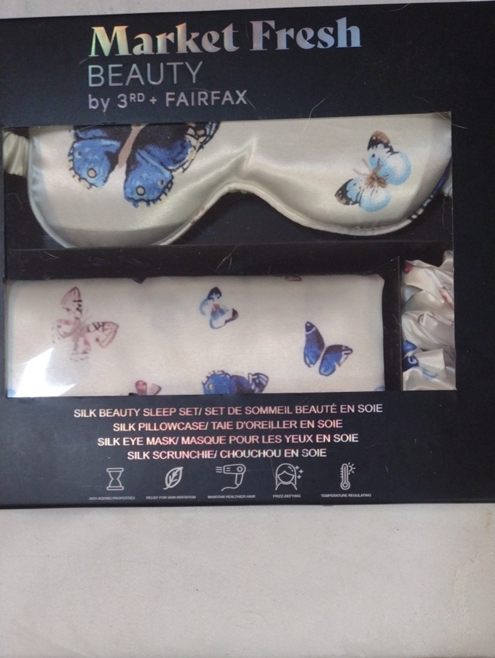 Market Fresh Beauty Silk Sleep Set - Ivory with Blue Butterflies